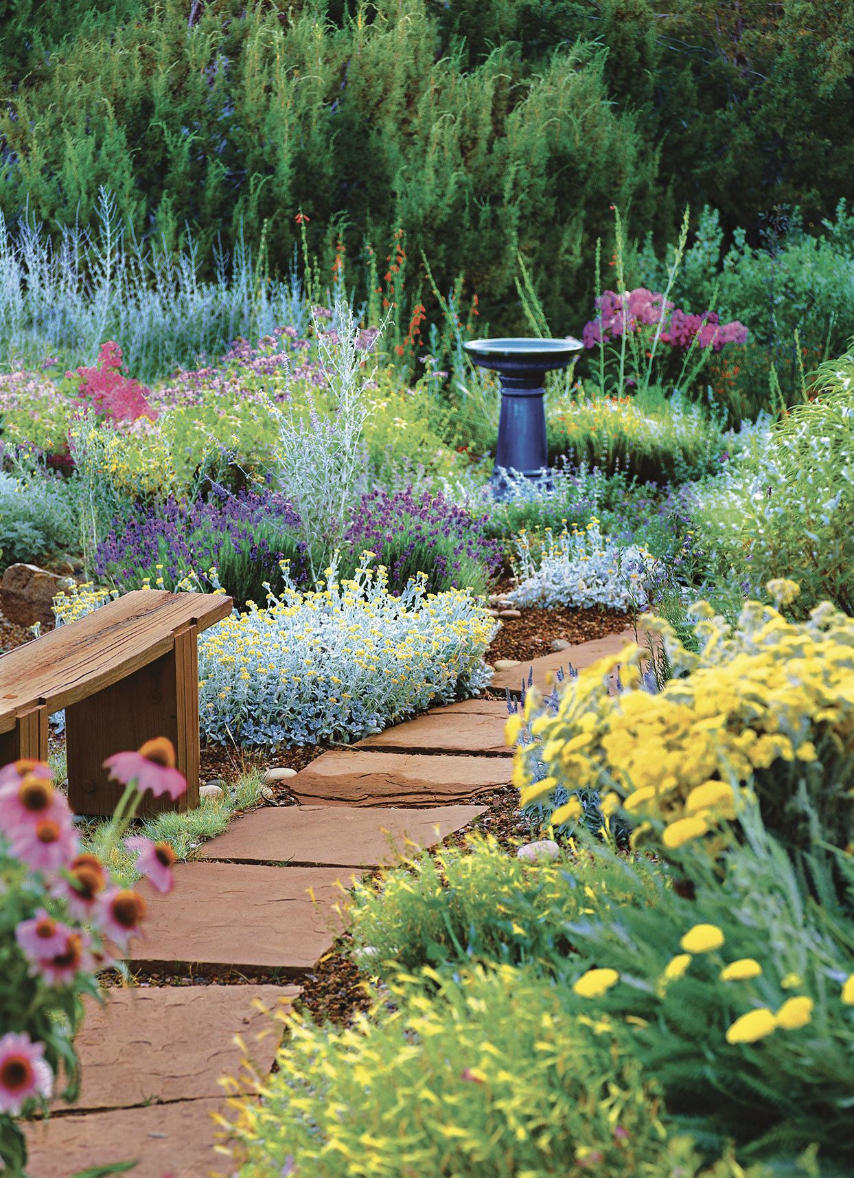 Low maintenance rock garden with alpine perennials - easy garden design.