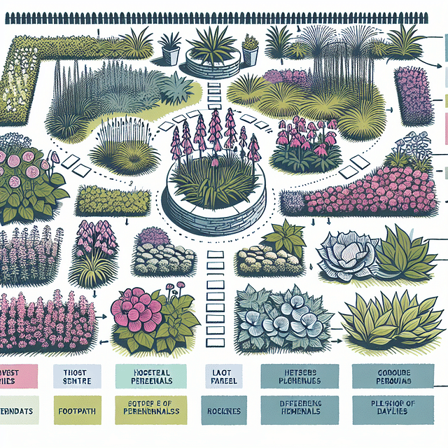 garden layout sketch with labeled perennials