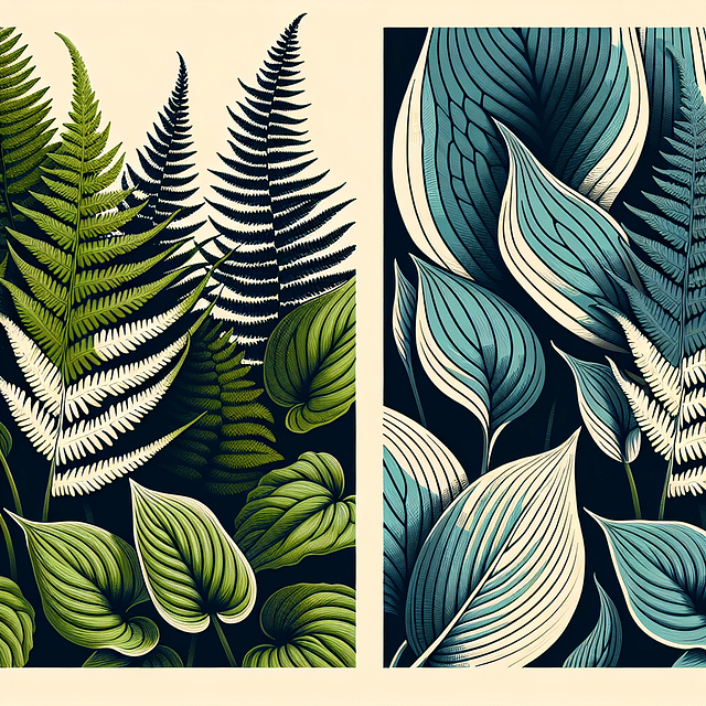 garden textures contrast ferns with hostas