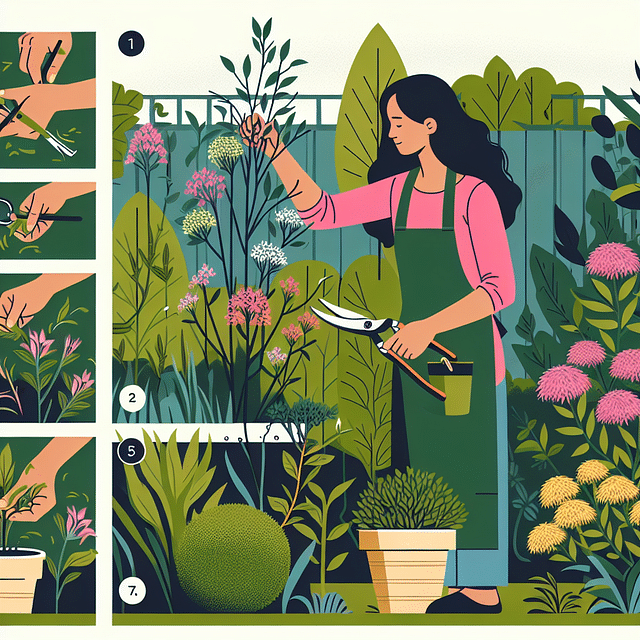 gardener deadheading and pruning plants in garden