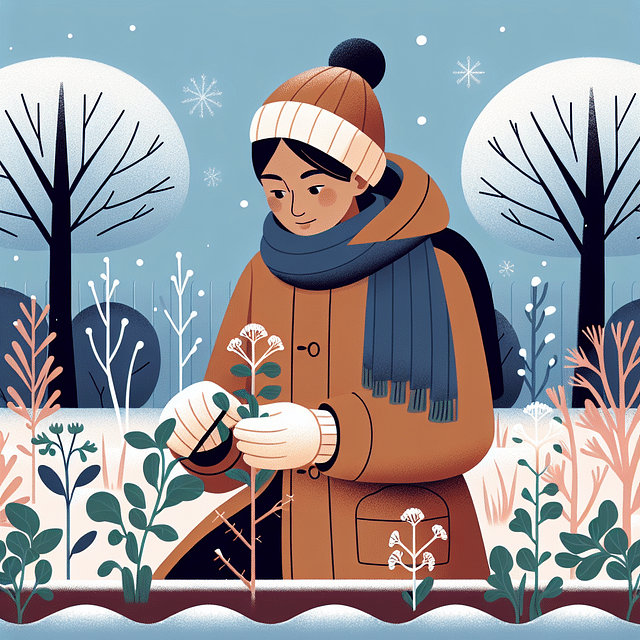a gardener inspecting plants in winter