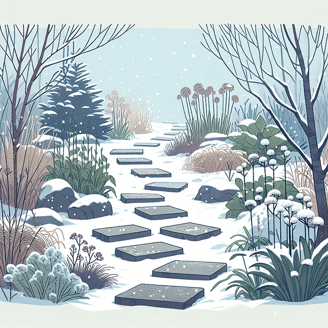 stepping stones in a winter garden to avoid soil compaction