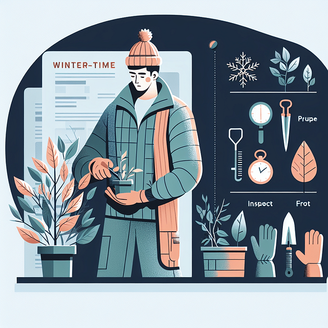 gardener checking and maintaining plants in winter