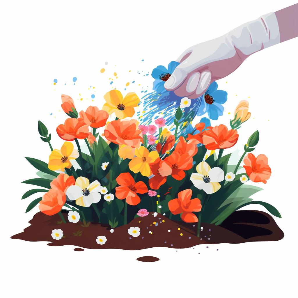 A hand sprinkling fertilizer on a garden bed of perennial flowers