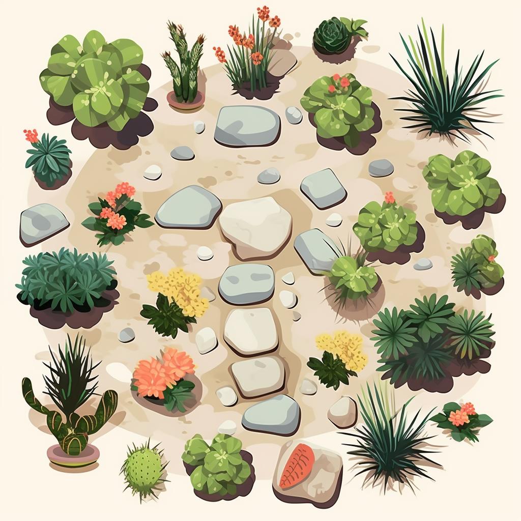 Garden layout with a variety of plants and flat stones