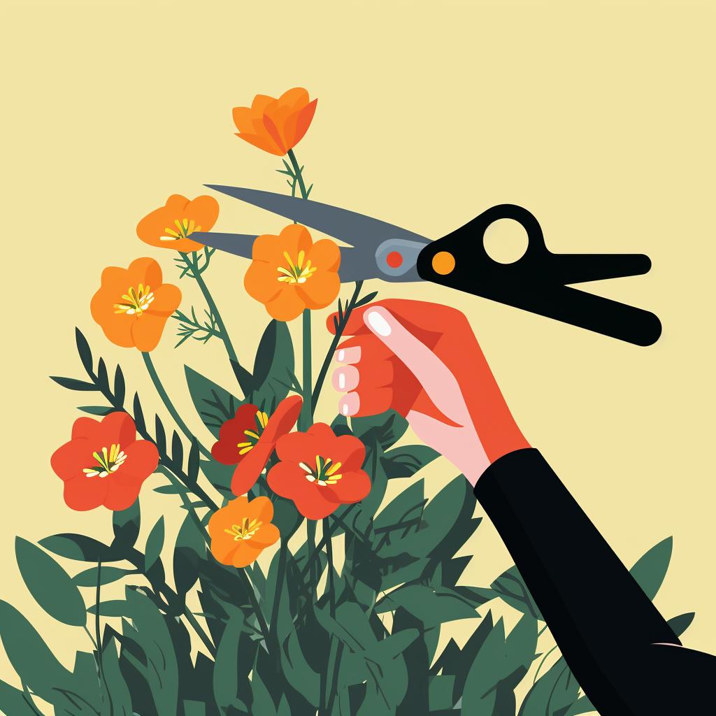 A person pruning a perennial flower with a pair of garden shears