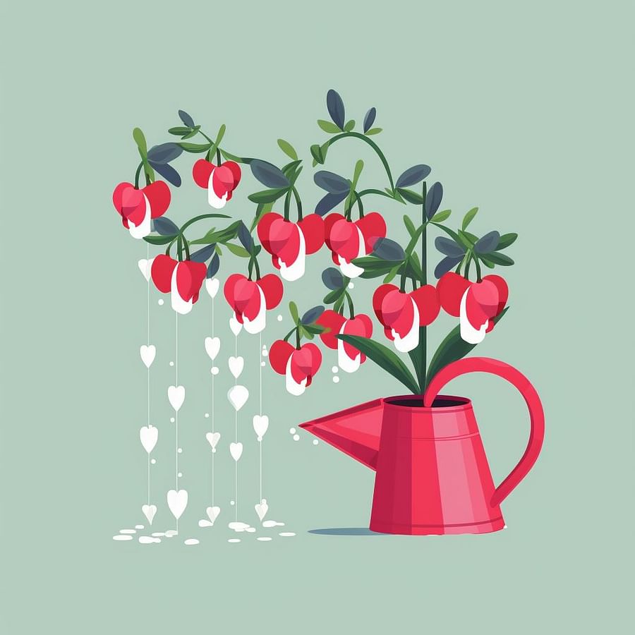 A watering can pouring water on a newly transplanted bleeding heart plant