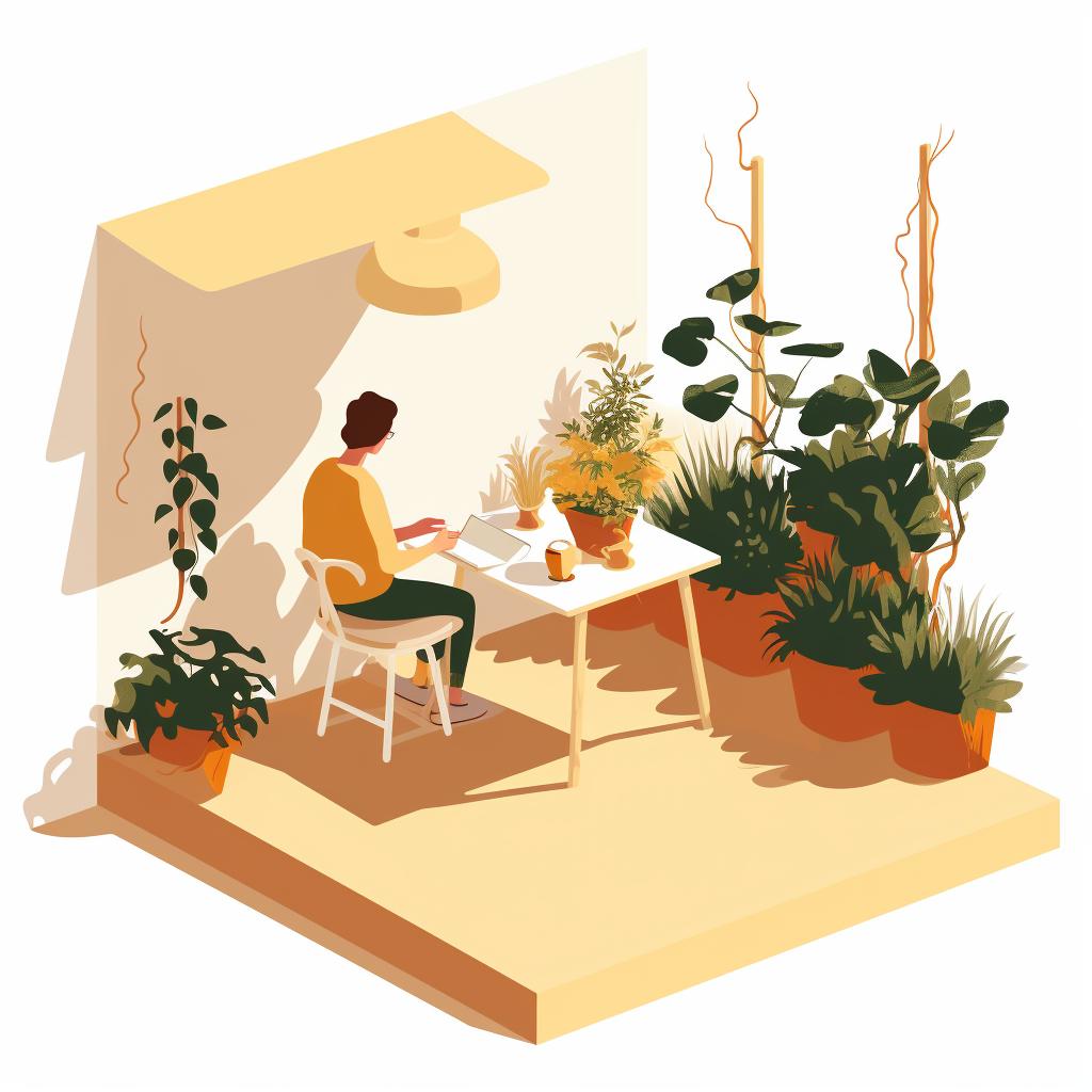 A person observing a small garden area and noting down the sunlight and shade areas.