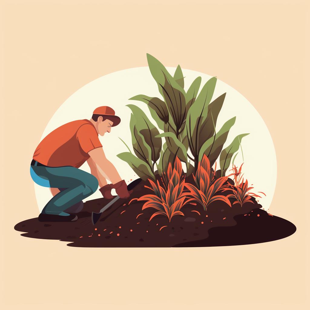 Applying mulch around a perennial plant