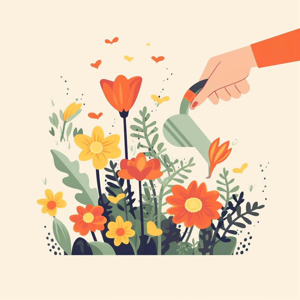 Hand deadheading a flower and watering plants