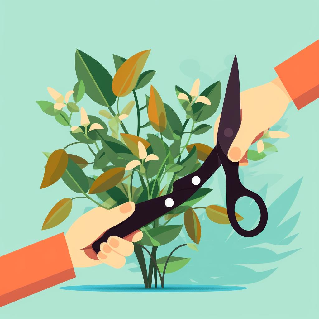 A pair of pruning shears cutting back a plant in the fall