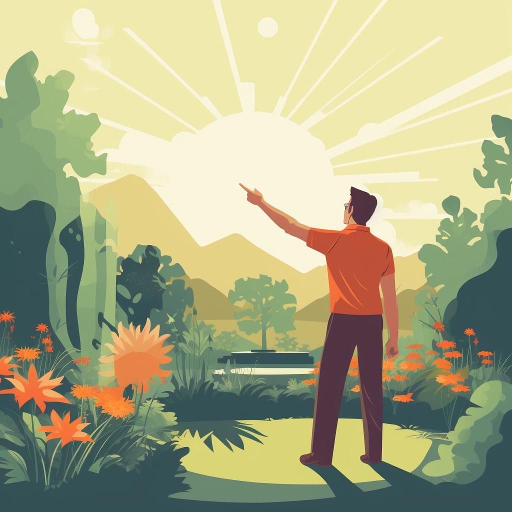 A person pointing at a sunny spot in a garden