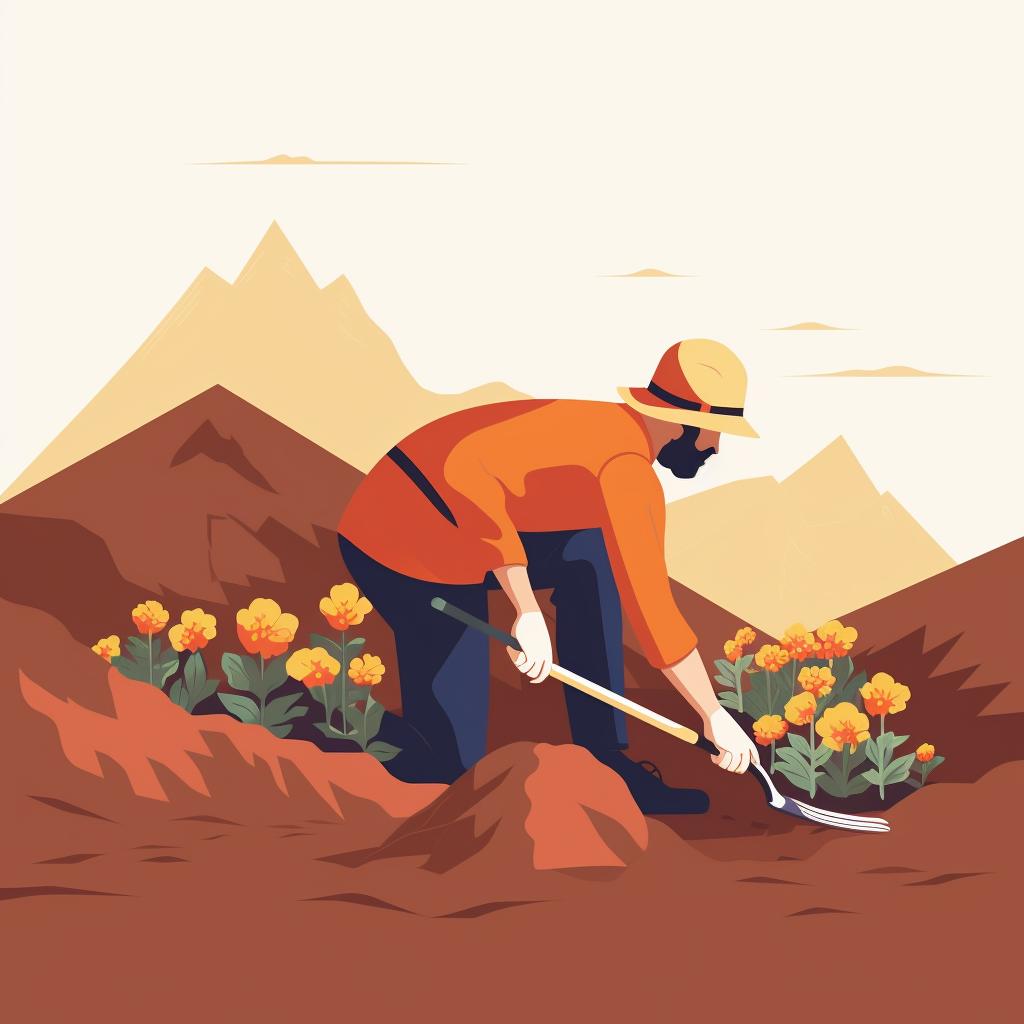 A gardener preparing the soil on a slope