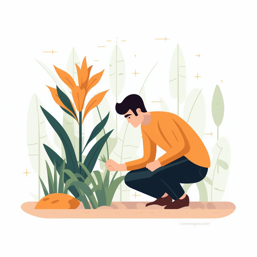 A person inspecting a healthy perennial plant